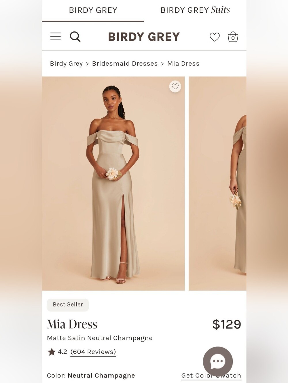 Birdy Grey Neutral Champagne Off-Shoulder Matte Satin Maxi Dress + Matching Tie